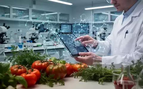 Wissenschaftler in einem modernen Labor analysiert Lebensmittel mit digitaler KI-Datenvisualisierung. - Foto: über boerse-global.de