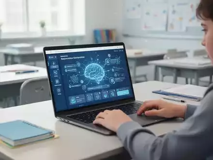 Student:in nutzt KI-gestützte Lernsoftware auf Laptop in modernem Klassenzimmer - Foto: über boerse-global.de