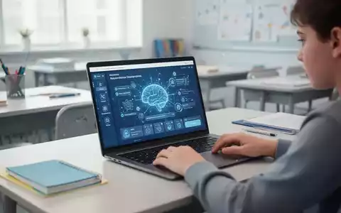 Student:in nutzt KI-gestützte Lernsoftware auf Laptop in modernem Klassenzimmer - Foto: über boerse-global.de