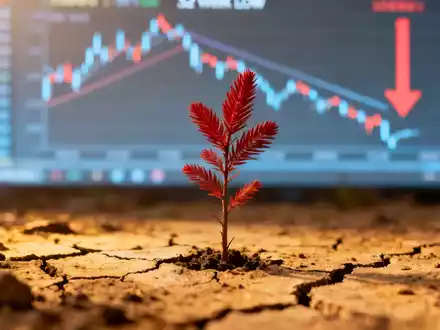 Ein kleines Redwood-Setzling in trockener Erde vor einem unscharfen Börsenticker, der einen Abwärtstrend anzeigt. - Foto: über boerse-global.de