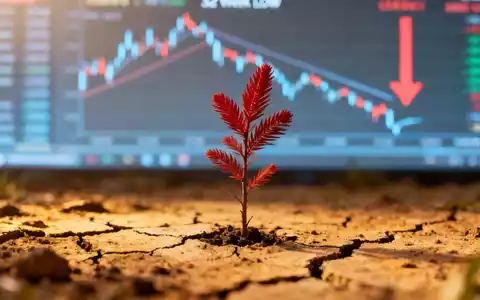 Ein kleines Redwood-Setzling in trockener Erde vor einem unscharfen Börsenticker, der einen Abwärtstrend anzeigt. - Foto: über boerse-global.de