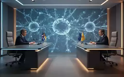 Diplomatischer Besprechungsraum mit digitalen neuronalen Netzgrafiken, die US-chinesische KI-Regulierungsgespräche darstellen. - Foto: über boerse-global.de
