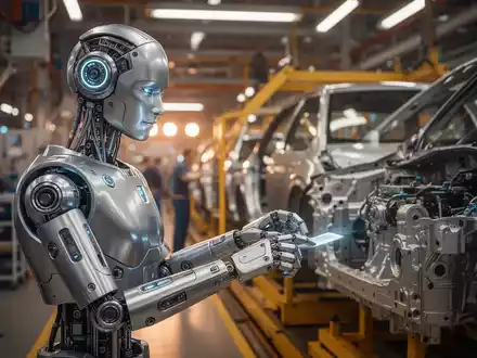 Humanoidroboter arbeitet präzise an einer modernen Automobilmontagelinie in einer Hightech-Fertigungsanlage. - Foto: über boerse-global.de