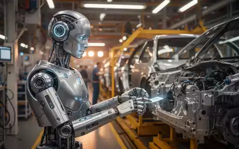 Humanoidroboter arbeitet präzise an einer modernen Automobilmontagelinie in einer Hightech-Fertigungsanlage. - Foto: über boerse-global.de