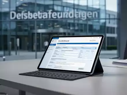 Ein modernes Büro mit einem Tablet, auf dem Steuerunterlagen zu sehen sind, vor einem verschwommenen Finanzamt-Hintergrund. - Foto: über boerse-global.de