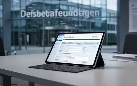 Ein modernes Büro mit einem Tablet, auf dem Steuerunterlagen zu sehen sind, vor einem verschwommenen Finanzamt-Hintergrund. - Foto: über boerse-global.de