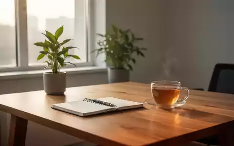 Ein minimalistischer, ruhiger Schreibtisch mit einer Pflanze und einem Notizbuch in sanftem Tageslicht. - Foto: über boerse-global.de