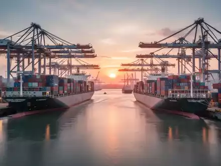 Moderner Industriehafen bei Sonnenuntergang als Symbol für internationalen Handel und Klimapolitik. - Foto: über boerse-global.de