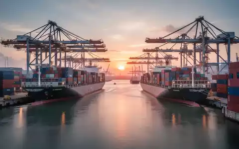 Moderner Industriehafen bei Sonnenuntergang als Symbol für internationalen Handel und Klimapolitik. - Foto: über boerse-global.de