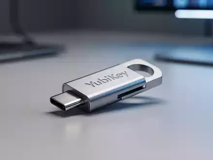 YubiKey-Hardware-Sicherheitsgerät auf modernem Schreibtisch, Symbol für digitale Identität und Unternehmenssicherheit. - Foto: über boerse-global.de
