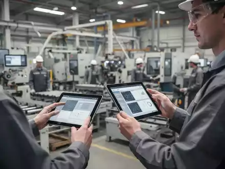 Moderne Industriehalle mit Arbeitnehmern bei der digitalen Qualifizierung und betrieblichen Umgestaltung. - Foto: über boerse-global.de