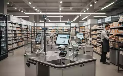 Modernes Einzelhandelsgeschäft mit Selbstbedienungskassen und automatisierten Abläufen in einer dezent beleuchteten Umgebung. - Foto: über boerse-global.de