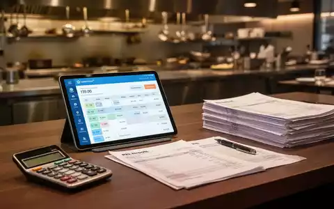 Digitales Zeiterfassungssystem auf einem Tablet in einem Restaurantbüro neben Lohnabrechnungsunterlagen. - Foto: über boerse-global.de