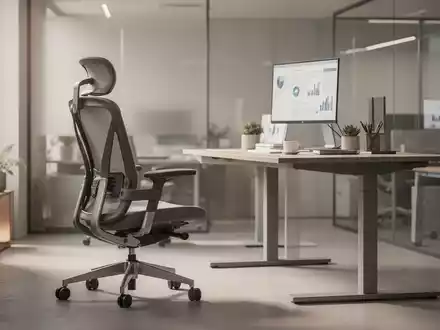 Moderner Büroarbeitsplatz mit ergonomischem Schreibtisch und Stuhl in einer professionellen, minimalistischen Umgebung. - Foto: über boerse-global.de