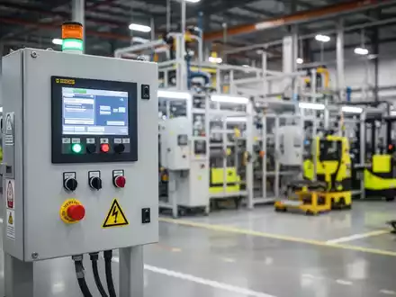 Moderne Industrieanlage mit Fokus auf Sicherheitstechnik und Schaltschrank in einer Produktionshalle. - Foto: über boerse-global.de