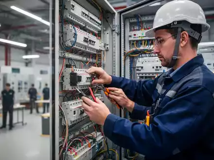 Elektrofachkraft bei der Arbeit an einem modernen Schaltschrank in einer professionellen Ausbildungseinrichtung. - Foto: über boerse-global.de