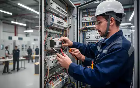 Elektrofachkraft bei der Arbeit an einem modernen Schaltschrank in einer professionellen Ausbildungseinrichtung. - Foto: über boerse-global.de