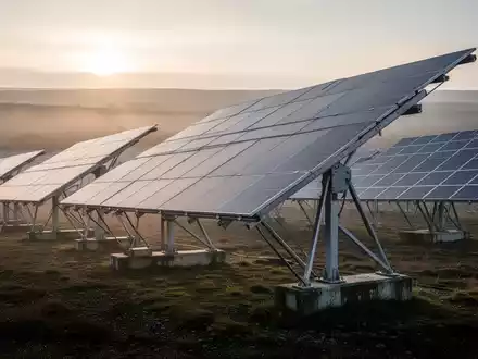 Große Photovoltaikanlage auf einer Moorfläche bei Sonnenaufgang, Fokus auf die technische Infrastruktur der Module. - Foto: über boerse-global.de