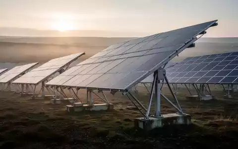 Große Photovoltaikanlage auf einer Moorfläche bei Sonnenaufgang, Fokus auf die technische Infrastruktur der Module. - Foto: über boerse-global.de
