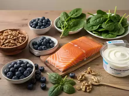 Eine Auswahl gesunder Lebensmittel wie Nüsse, Beeren, Fisch und Joghurt auf einem Holztisch als Symbol für Gehirngesundheit. - Foto: über boerse-global.de