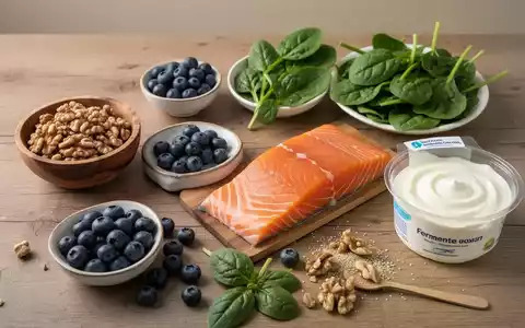Eine Auswahl gesunder Lebensmittel wie Nüsse, Beeren, Fisch und Joghurt auf einem Holztisch als Symbol für Gehirngesundheit. - Foto: über boerse-global.de