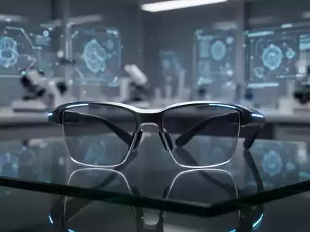 Futuristische smarte Brille auf einer dunklen Oberfläche als Symbol für moderne optische Technologie und Produktion. - Foto: über boerse-global.de