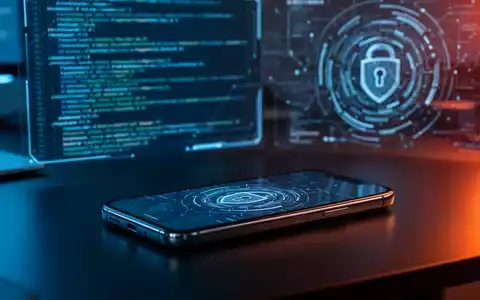 Ein modernes Smartphone auf einem dunklen Schreibtisch vor einem verschwommenen digitalen Hintergrund mit Sicherheitssymbolen. - Foto: über boerse-global.de
