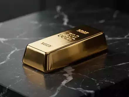 Ein glänzender Goldbarren auf einer dunklen Marmoroberfläche mit weicher, kinoreifer Beleuchtung. - Foto: über boerse-global.de