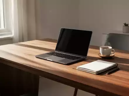 Ein minimalistisch gestalteter, aufgeräumter Schreibtisch mit Laptop und Notizbuch in hellem, natürlichem Licht. - Foto: über boerse-global.de