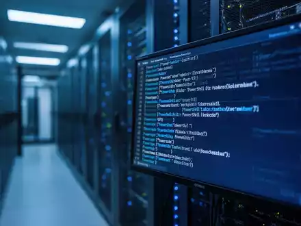 Nahaufnahme eines Computerbildschirms mit PowerShell-Code in einer modernen Rechenzentrumsumgebung. - Foto: über boerse-global.de