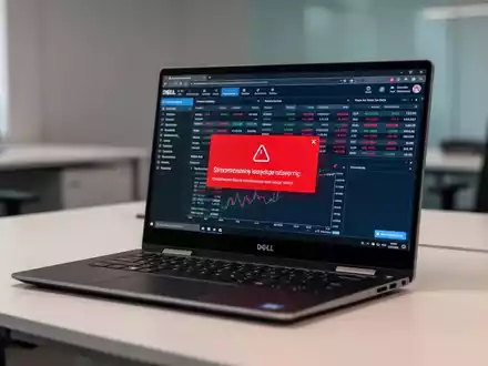 Hochwertiger Laptop-Bildschirm zeigt Fehlermeldung einer Finanzsoftware in professionellem Büro. - Foto: über boerse-global.de