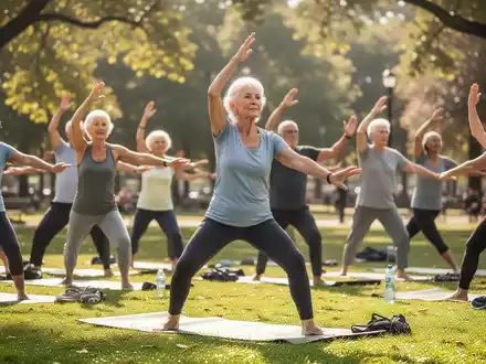 Aktive Senioren bei einer gemeinsamen Gymnastikübung im Freien während einer Gesundheitsveranstaltung. - Foto: über boerse-global.de