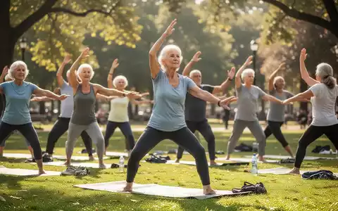 Aktive Senioren bei einer gemeinsamen Gymnastikübung im Freien während einer Gesundheitsveranstaltung. - Foto: über boerse-global.de