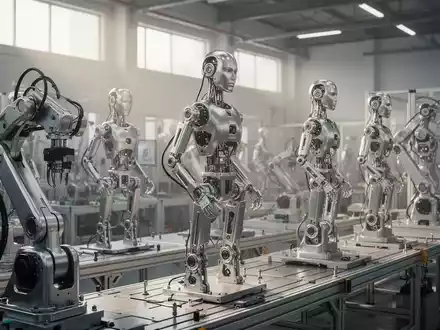 Hochmoderne robotergestützte Fertigungsstraße in einer Tesla-Fabrik mit im Bau befindlichen humanoiden Roboterteilen. - Foto: über boerse-global.de