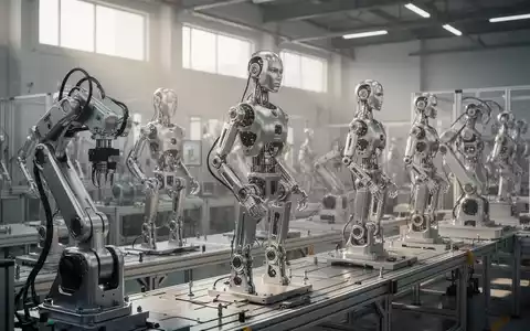 Hochmoderne robotergestützte Fertigungsstraße in einer Tesla-Fabrik mit im Bau befindlichen humanoiden Roboterteilen. - Foto: über boerse-global.de