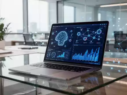 Moderner Büroarbeitsplatz mit Laptop und abstrakten KI-Datenvisualisierungen auf dem Bildschirm. - Foto: über boerse-global.de