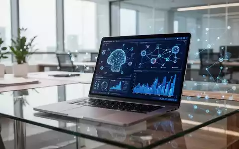 Moderner Büroarbeitsplatz mit Laptop und abstrakten KI-Datenvisualisierungen auf dem Bildschirm. - Foto: über boerse-global.de