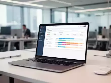 Moderner Büroarbeitsplatz mit Laptop und digitaler Zeiterfassung vor verschwommenem Hintergrund. - Foto: über boerse-global.de