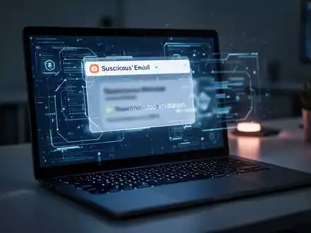 Laptop-Bildschirm zeigt verdächtige Phishing-E-Mail in gedämpft beleuchtetem, modernem Büro. - Foto: über boerse-global.de
