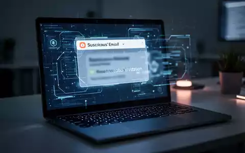 Laptop-Bildschirm zeigt verdächtige Phishing-E-Mail in gedämpft beleuchtetem, modernem Büro. - Foto: über boerse-global.de