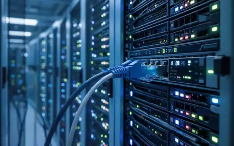 Reihen beleuchteter Server-Racks in einem modernen Rechenzentrum, die Unternehmens-IT und Netzwerkinfrastruktur repräsentieren. - Foto: über boerse-global.de