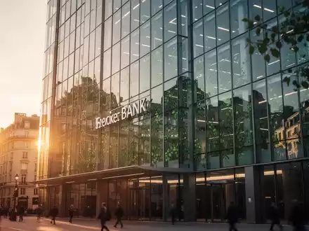 Modernes Bankgebäude in einem Finanzviertel mit grünen Reflexionen in der Glasfassade als Symbol für nachhaltige Finanzen. - Foto: über boerse-global.de