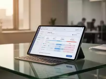 Ein modernes Tablet mit Zeiterfassungs-App auf einem Schreibtisch vor einem unscharfen Büro-Hintergrund. - Foto: über boerse-global.de
