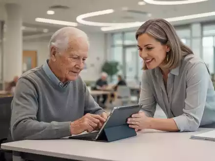 Ältere Person lernt mit Hilfe eines Mentors in heller Gemeinschaftsumgebung die Nutzung eines Tablets. - Foto: über boerse-global.de