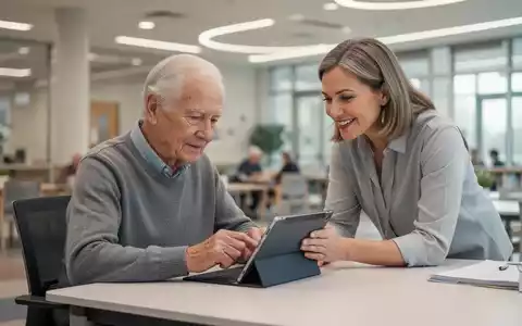 Ältere Person lernt mit Hilfe eines Mentors in heller Gemeinschaftsumgebung die Nutzung eines Tablets. - Foto: über boerse-global.de