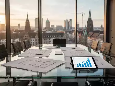 Ein moderner Konferenzraum mit Blick auf eine deutsche Stadt, symbolisierend Investitionen und wirtschaftliches Wachstum. - Foto: über boerse-global.de