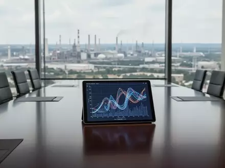 Moderner Konferenztisch in einem Büro mit Blick auf eine Industrielandschaft als Symbol für staatliche Beteiligungen. - Foto: über boerse-global.de