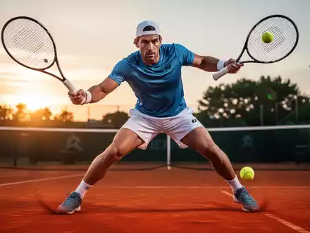 Ein Profisportler in einer dynamischen Tennisbewegung auf einem Sandplatz bei Sonnenuntergang. - Foto: über boerse-global.de