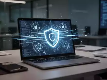 Ein beleuchteter Laptopbildschirm mit abstrakten Datenströmen und Sicherheitssymbolen in einem modernen Büro. - Foto: über boerse-global.de