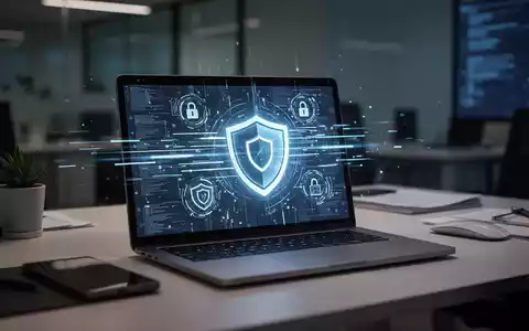 Ein beleuchteter Laptopbildschirm mit abstrakten Datenströmen und Sicherheitssymbolen in einem modernen Büro. - Foto: über boerse-global.de